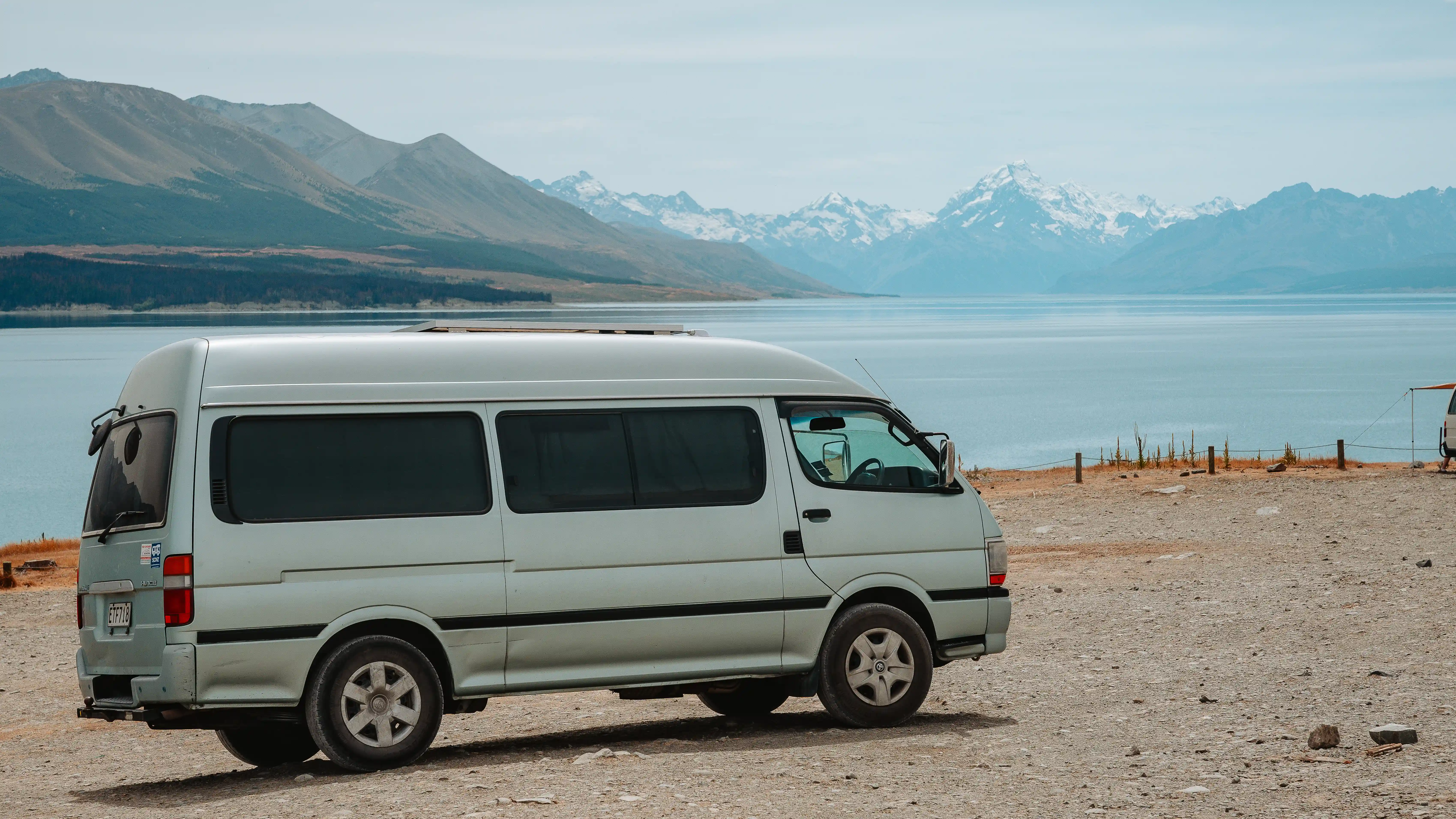 2002 Toyota HiAce campervan with Mount Cook Aoraki and Lake Pukaki backdrop