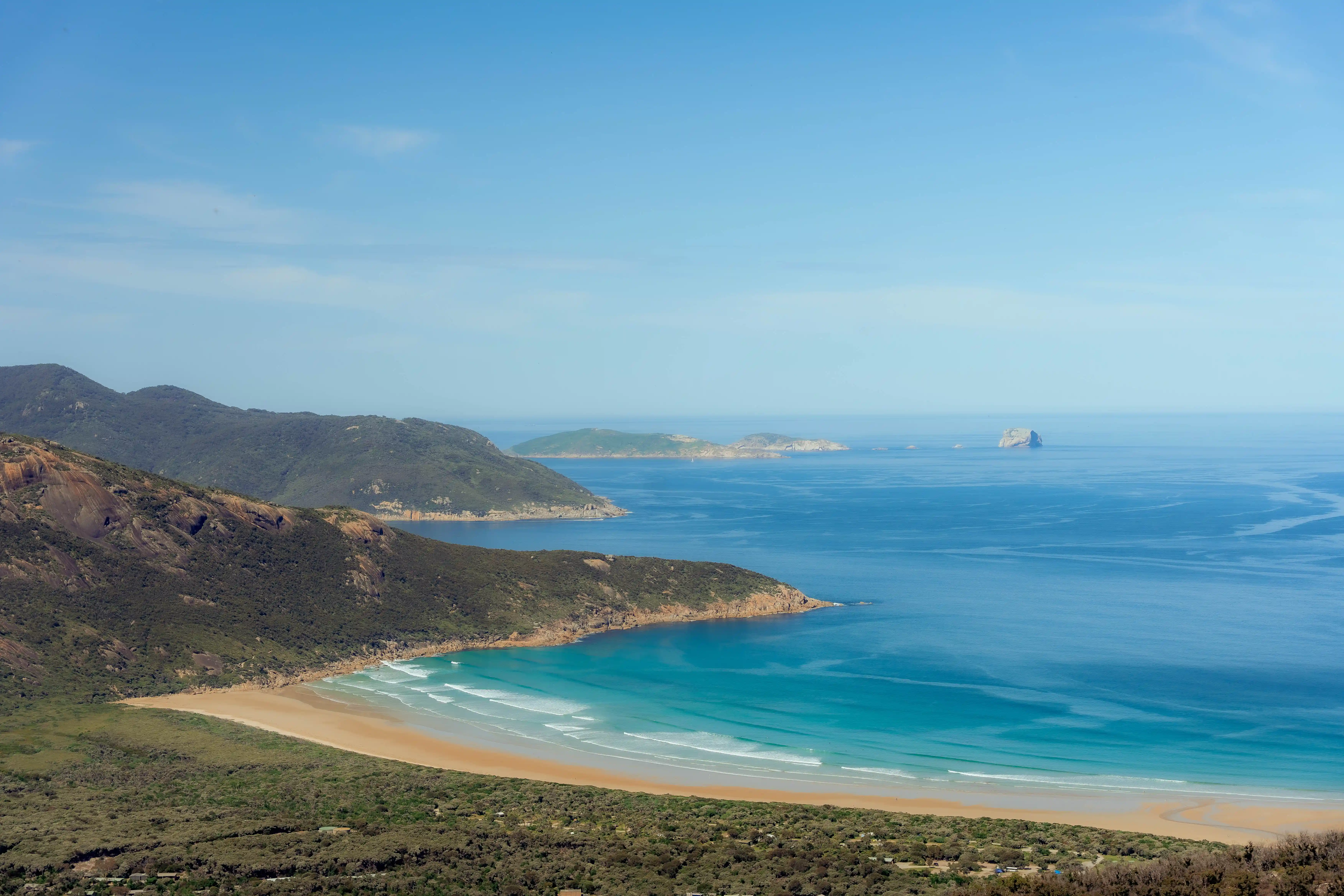 Norman Beach at Tidal River mouth viewed from Mount Oberon at Wilsons Promontory