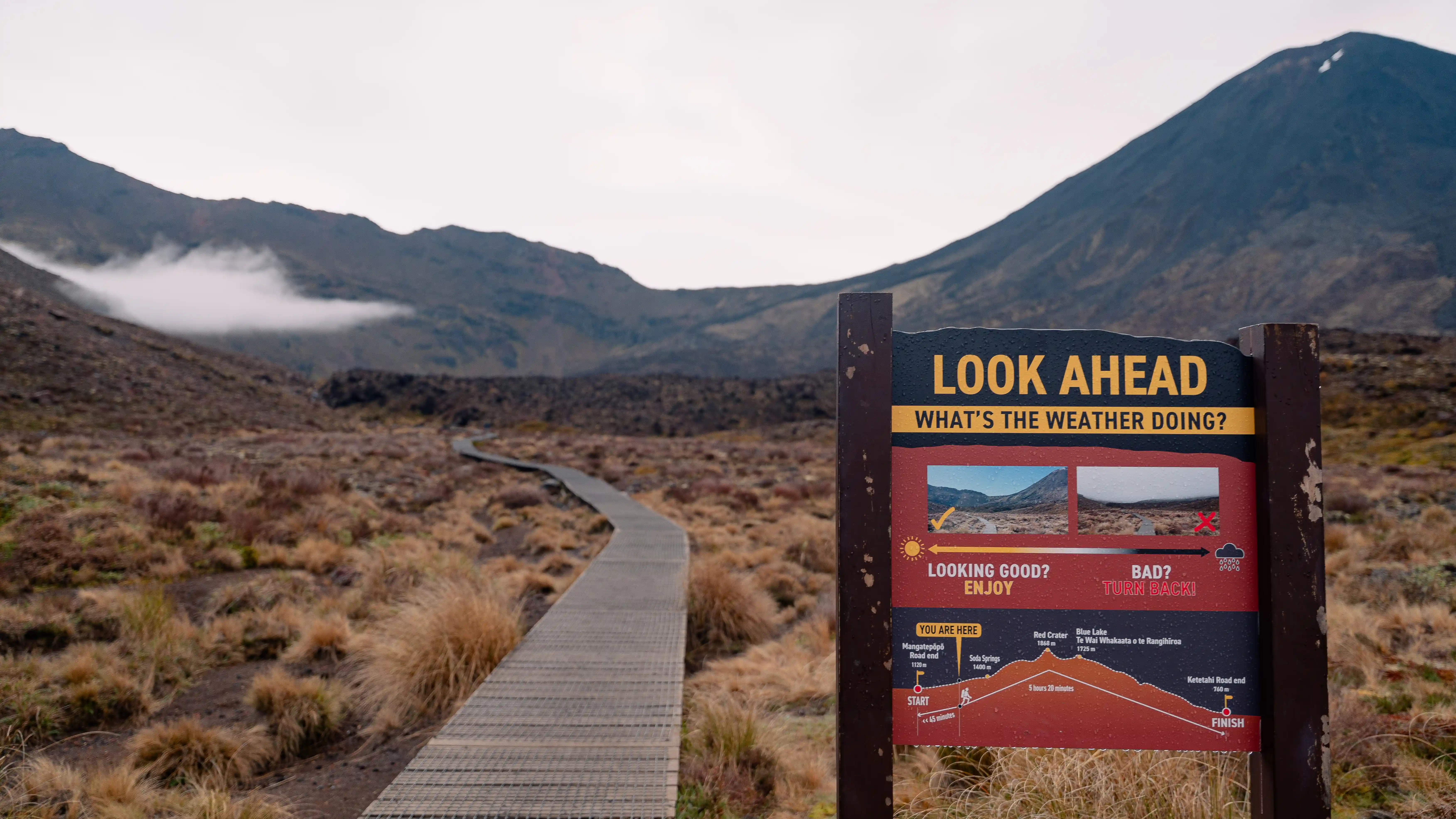 Start of the Tongariro Alpine Crossing along boardwalks